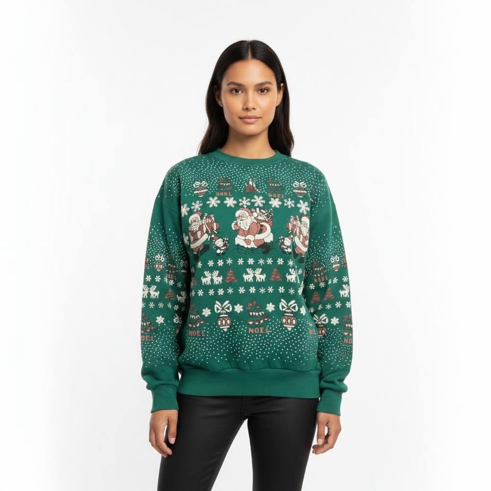 Sky Lite Vintage Green Christmas Crew Neck AOP Sweater Medium